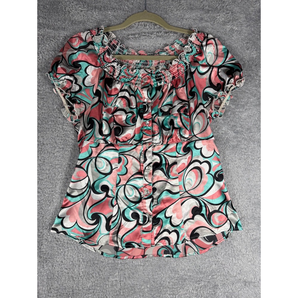 Candies Blouse Womens Large Multicolor Excellent Y2K Psychedelic Swirl Satin Top